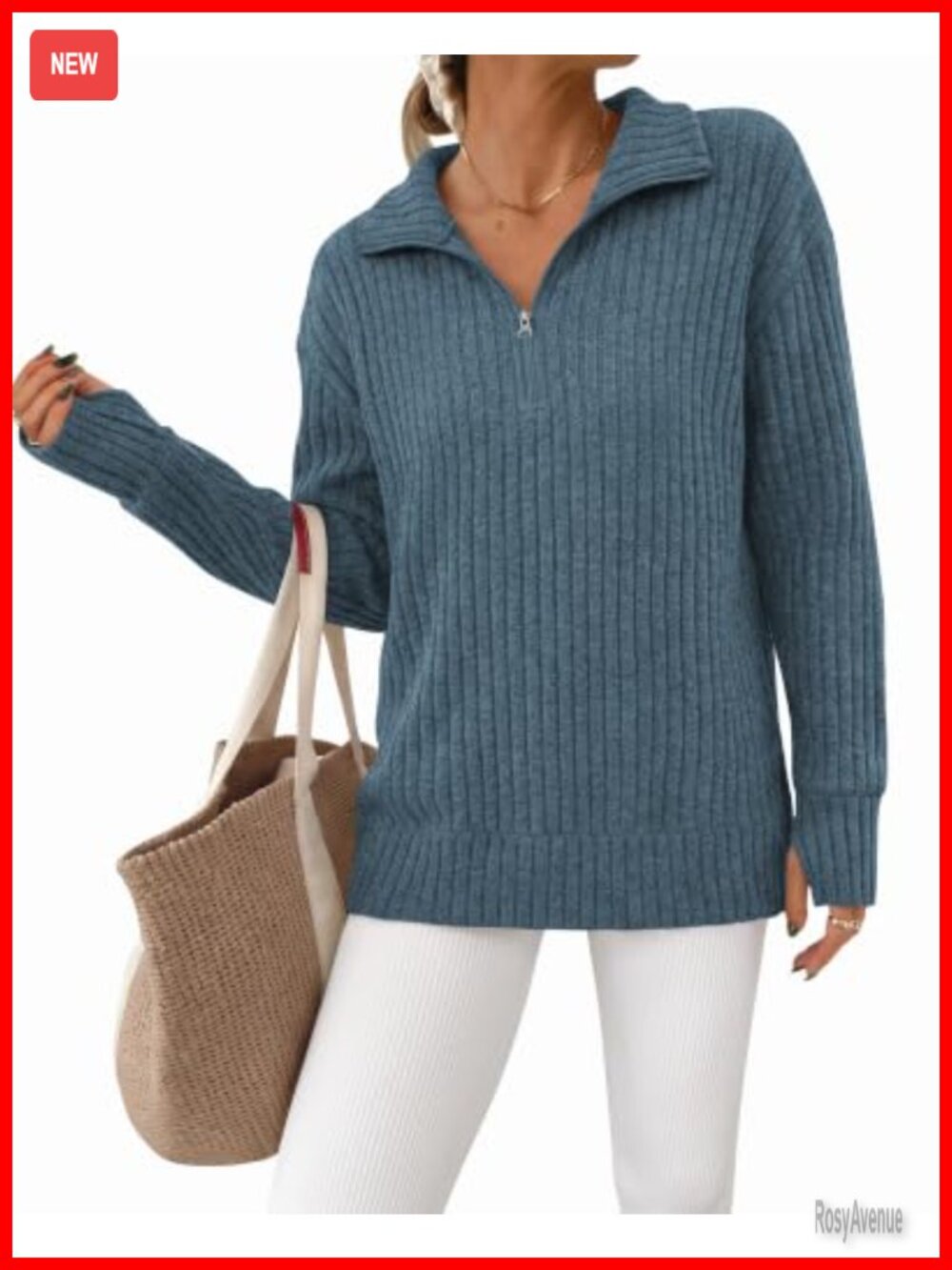 Womens Quarter Zip Pullover Ribbed Knit Long Sleeve Sweater with Thumb Holes